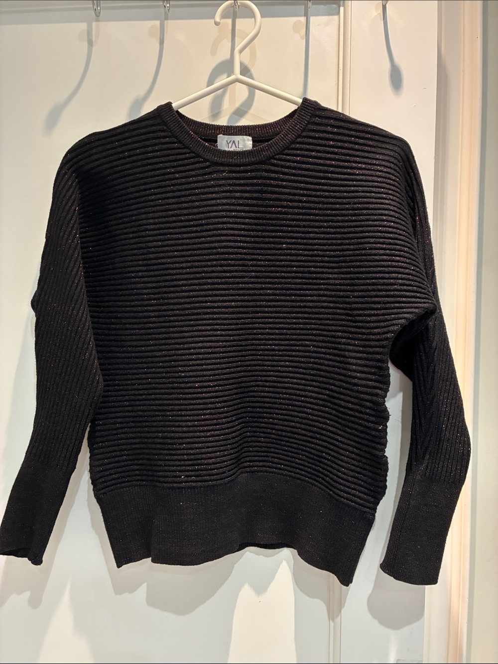 YAL New York Black Ribbed Knit Metallic Shimmer Crewneck Sweater 👵MT